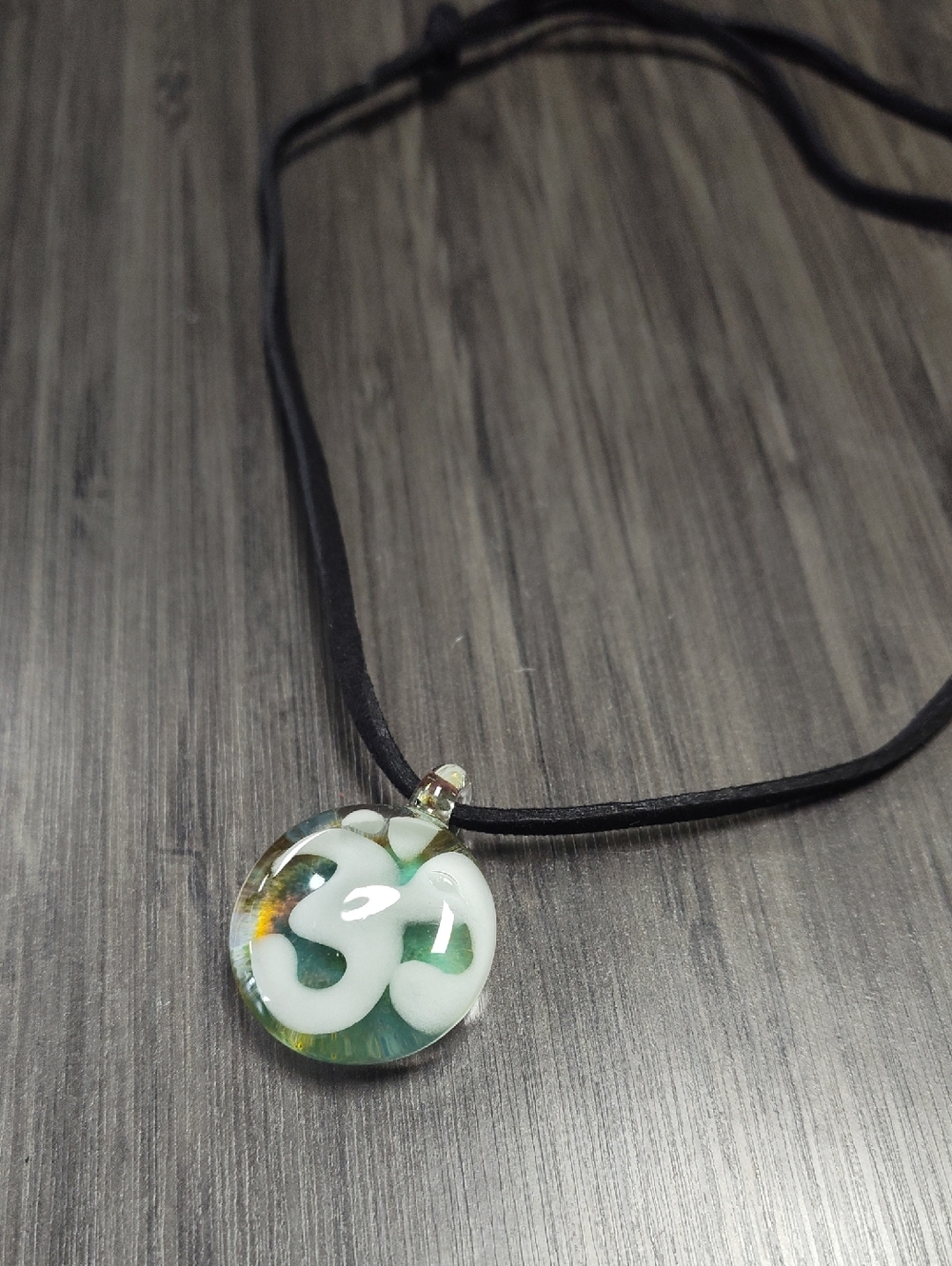 Glass Om Pendant Necklace in Green and White - Handmade
